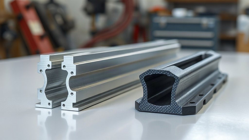 Comparison of aerospace structural materials: machined aluminum beam section versus a molded carbon fiber component.