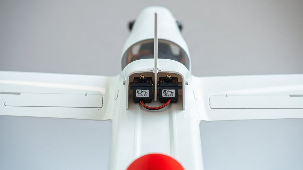 Two servos actuating separate aileron control surfaces on a model aircraft wing.